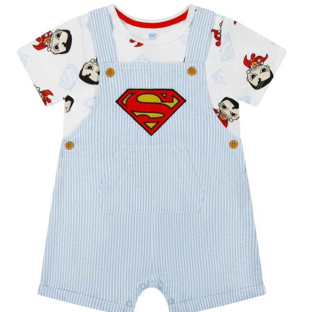 NWT DC Comics Superman Toddler Boy 2 Piece Shortall Set Shirt Size 18 Months